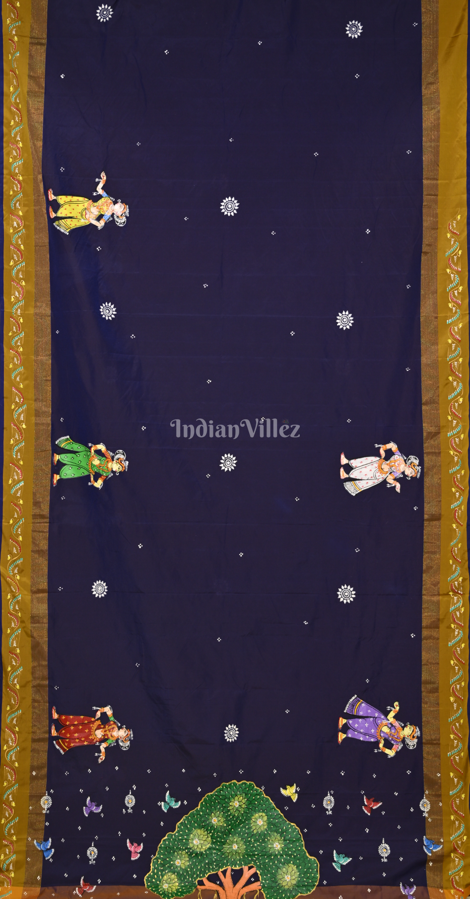Blue Brown Radha Krishna Raas Hand-Painted Pattachitra Saree 