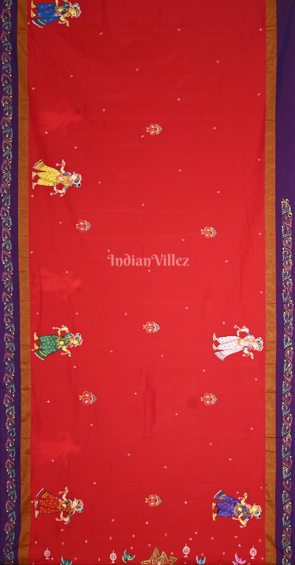 Red Purple Raja Doli Theme Hand-Painted Pattachitra Saree