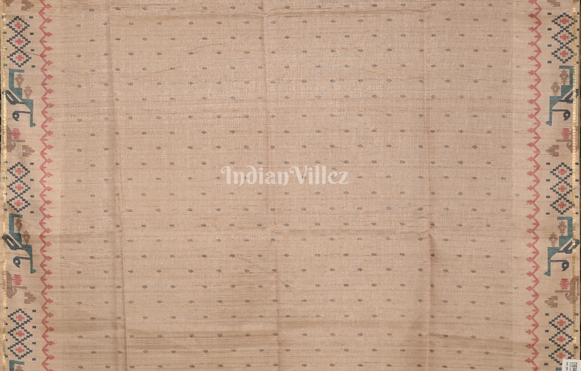 Light Brown Beige Tusasr Silk Saree with Embroidery Work