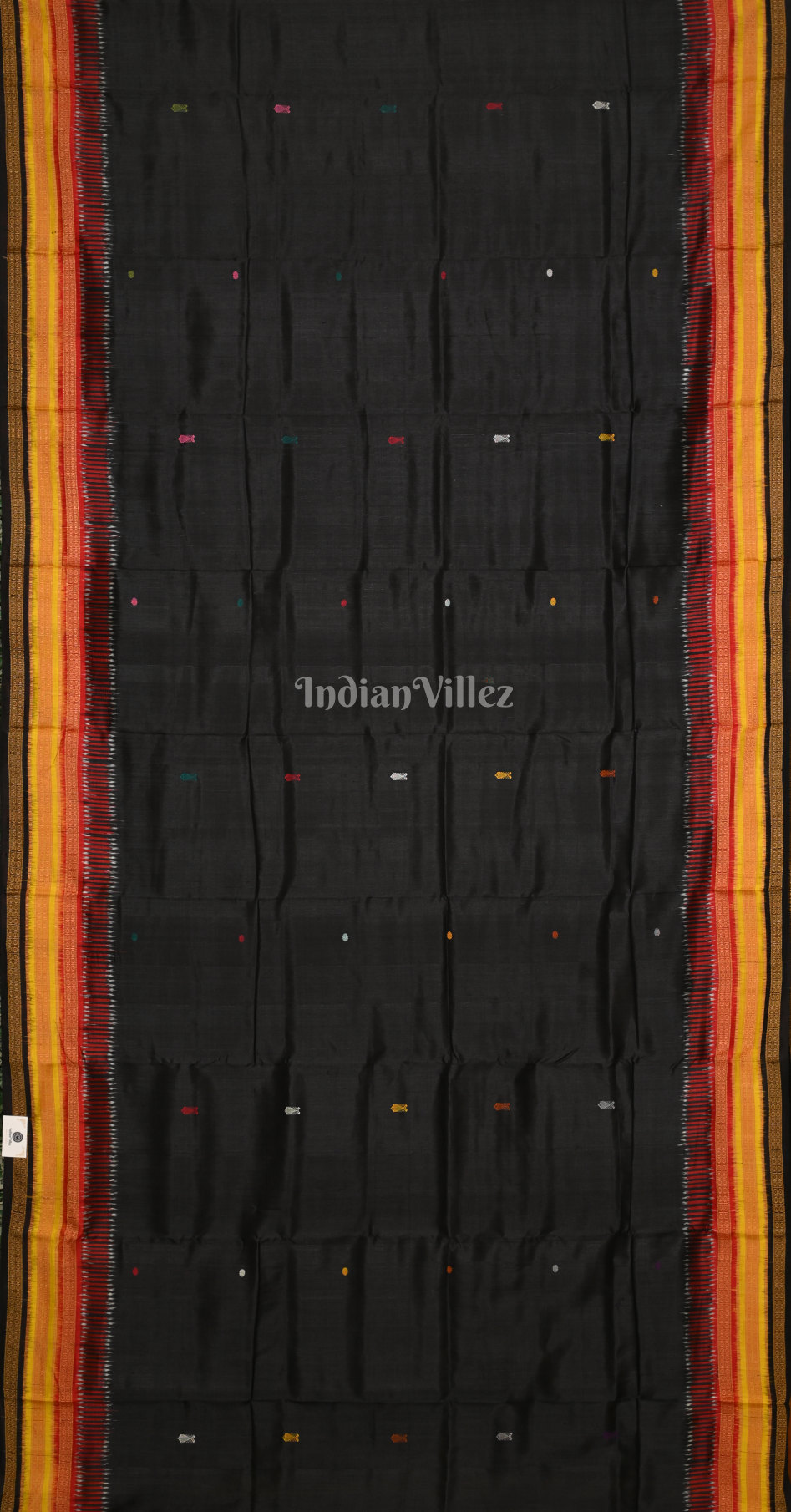 Black Kathiphera Odisha Ikat Khandua Silk Saree with Fish Motif Anchal