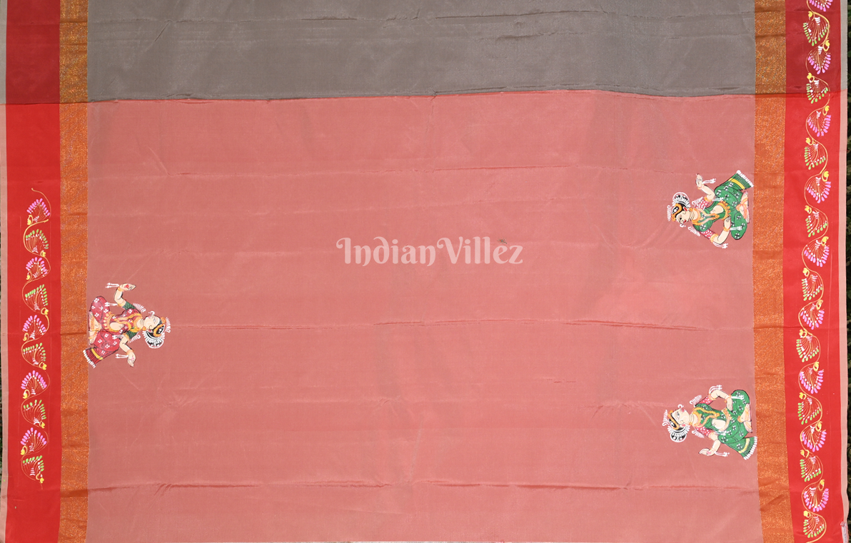 Grey Red Nartaki Theme  Hand-Painted Pattachitra Saree (Linen) 