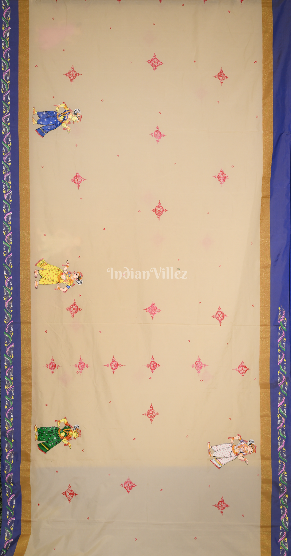 Cream Blue Krishna Raas Leela Hand-Painted Pattachitra Saree