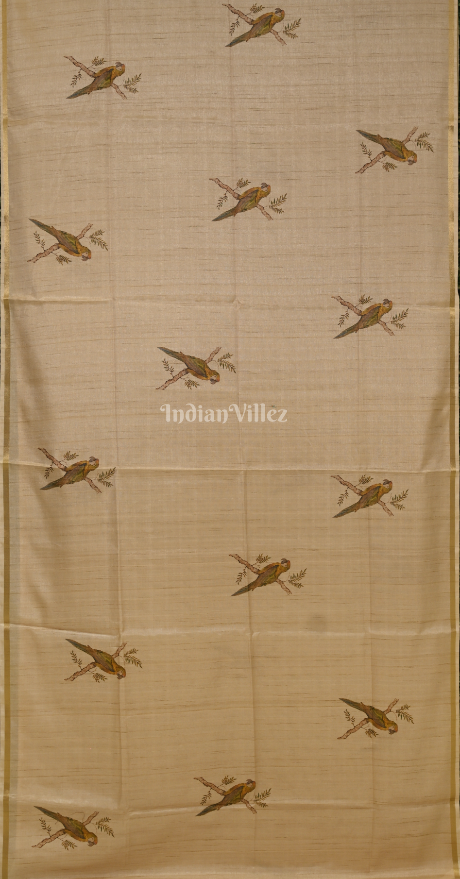 Beige Green Bird Motif Tusasr Silk Saree