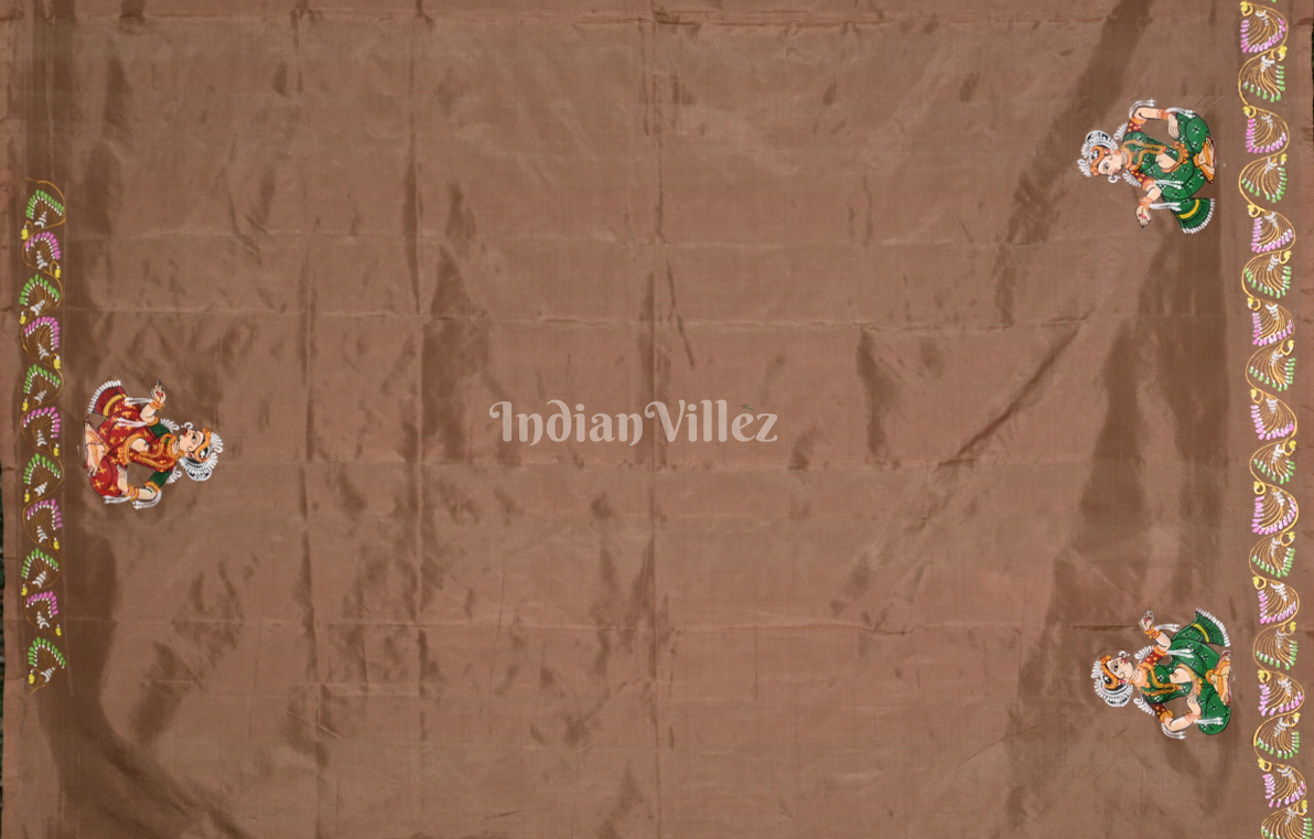 Green Beige Ramayan Theme Hand-painted Pattachitra Saree 