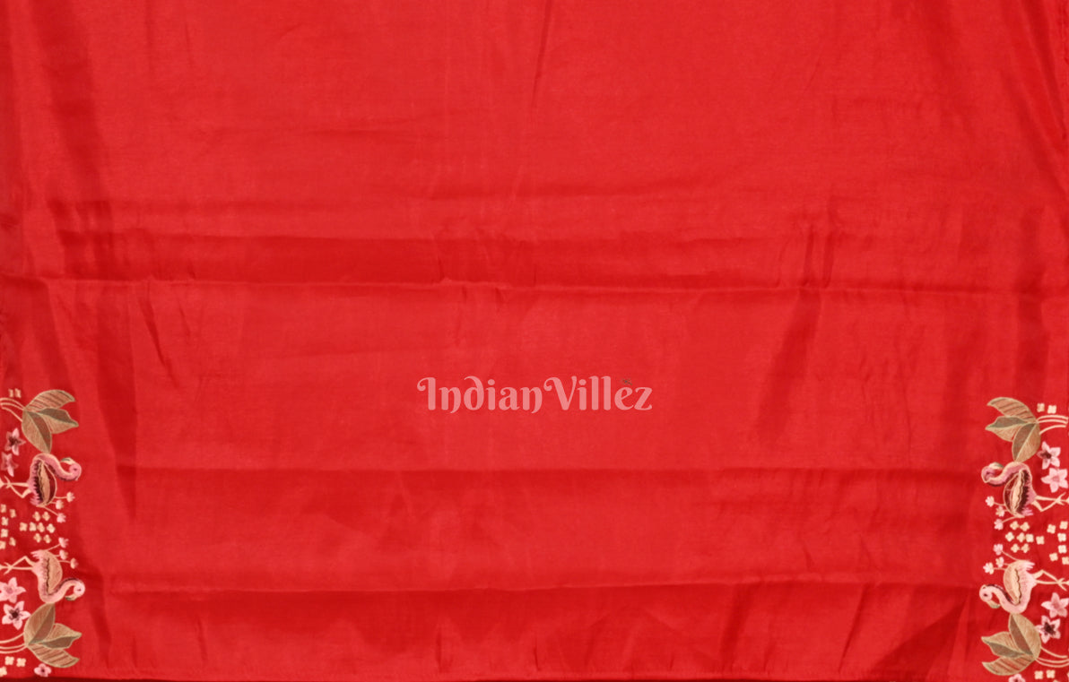 Red Tussar Silk Saree with Floral Hand Embroidery Border