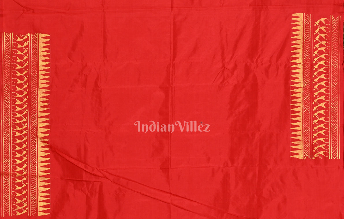 Red  Saura Tribal Art  Hand-Painted Pattachitra Silk Saree 