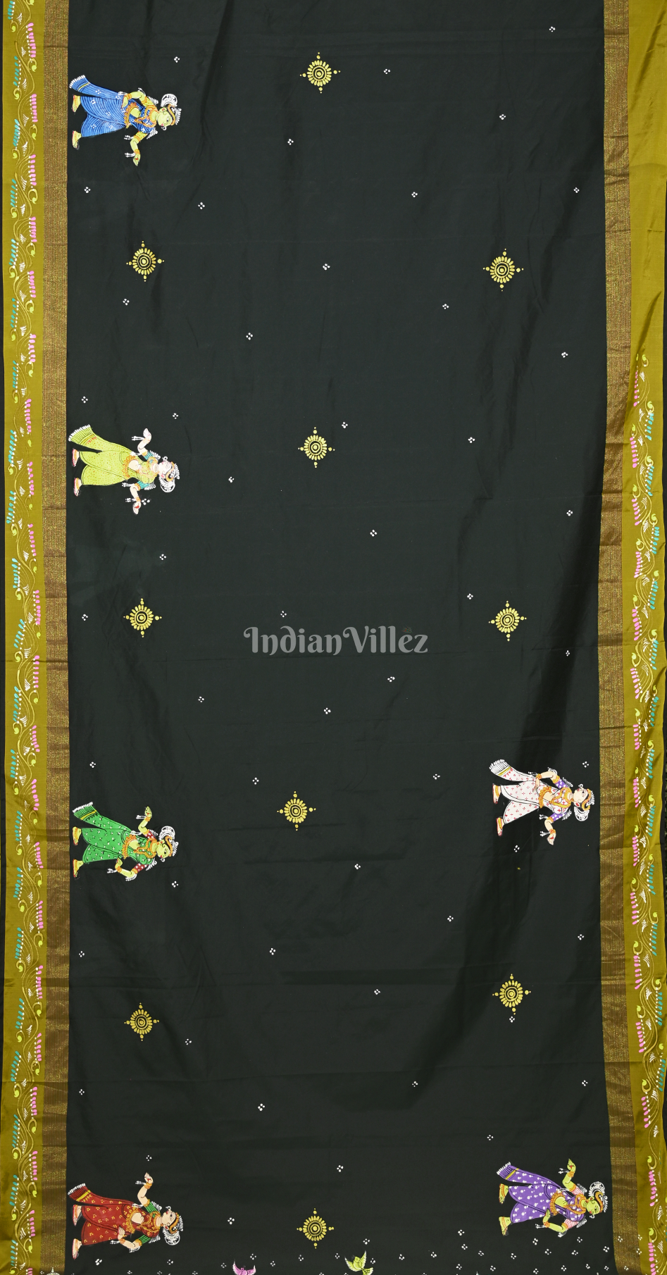 Bottle Green Raja Doli Theme Hand-Painted Pattachitra Saree 