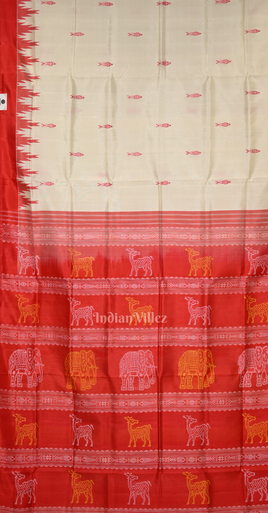White Red Fish Motif Double Pallu Berhampuri Silk Saree