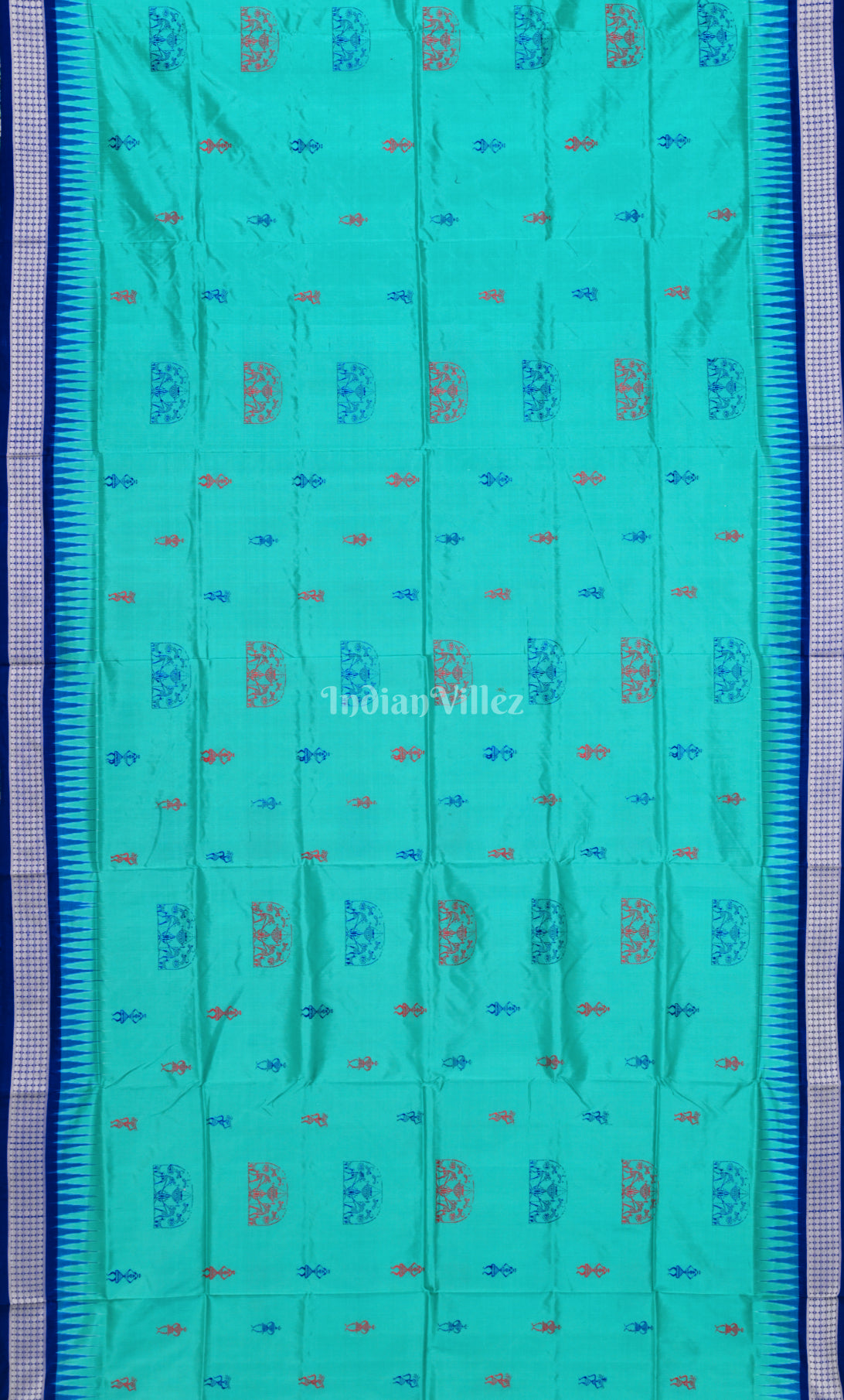 Cyan Blue Tribal Theme Odisha Ikat Bomkai Sambalpuri Silk Saree