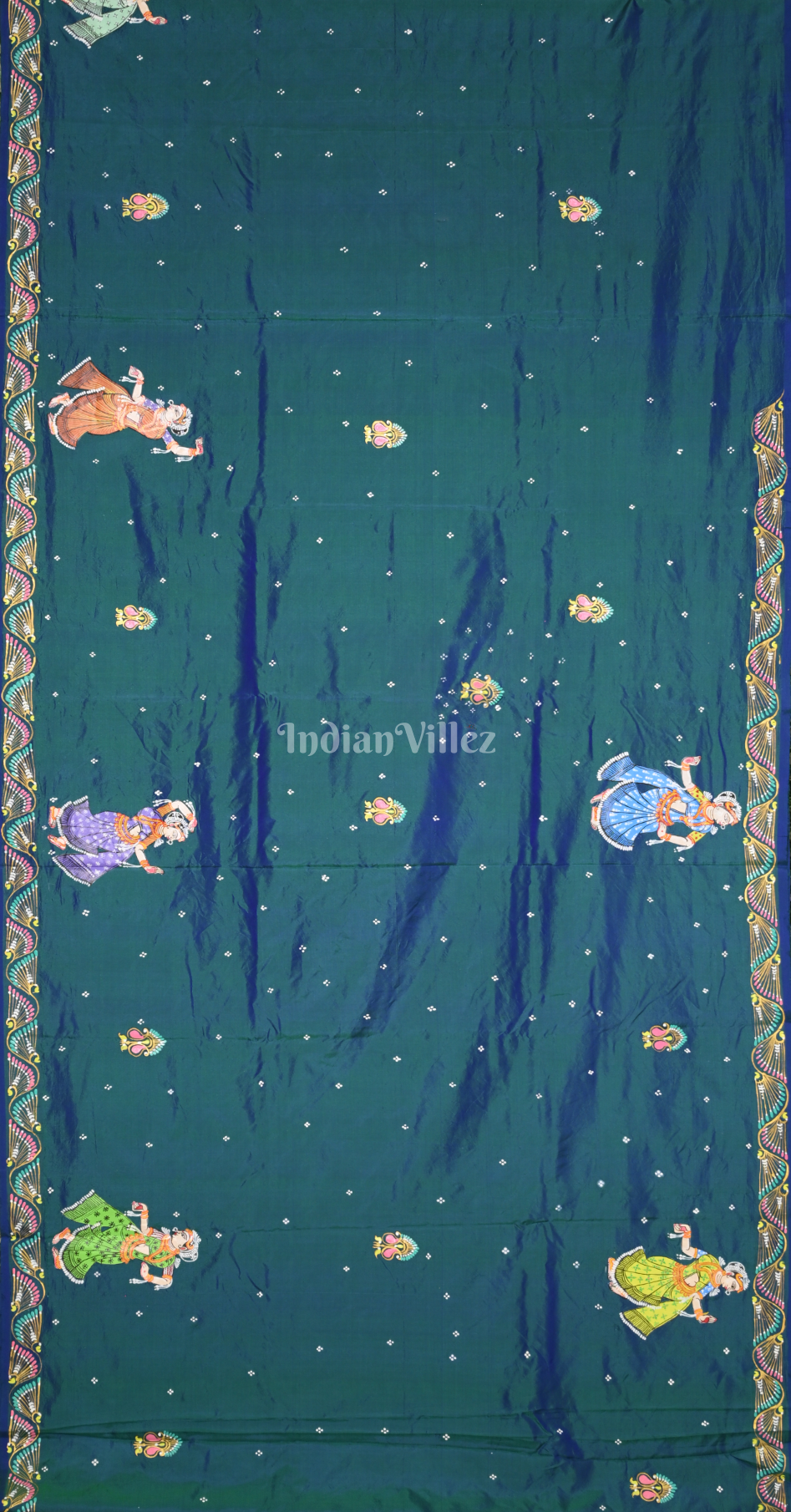 Teal Blue (Mayur) & Nartaki Theme Dual Tone Hand-Painted Pattachitra Saree