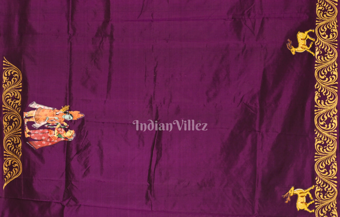 Purple Ramayan Theme Hand-Painted Pattachitra Saree 