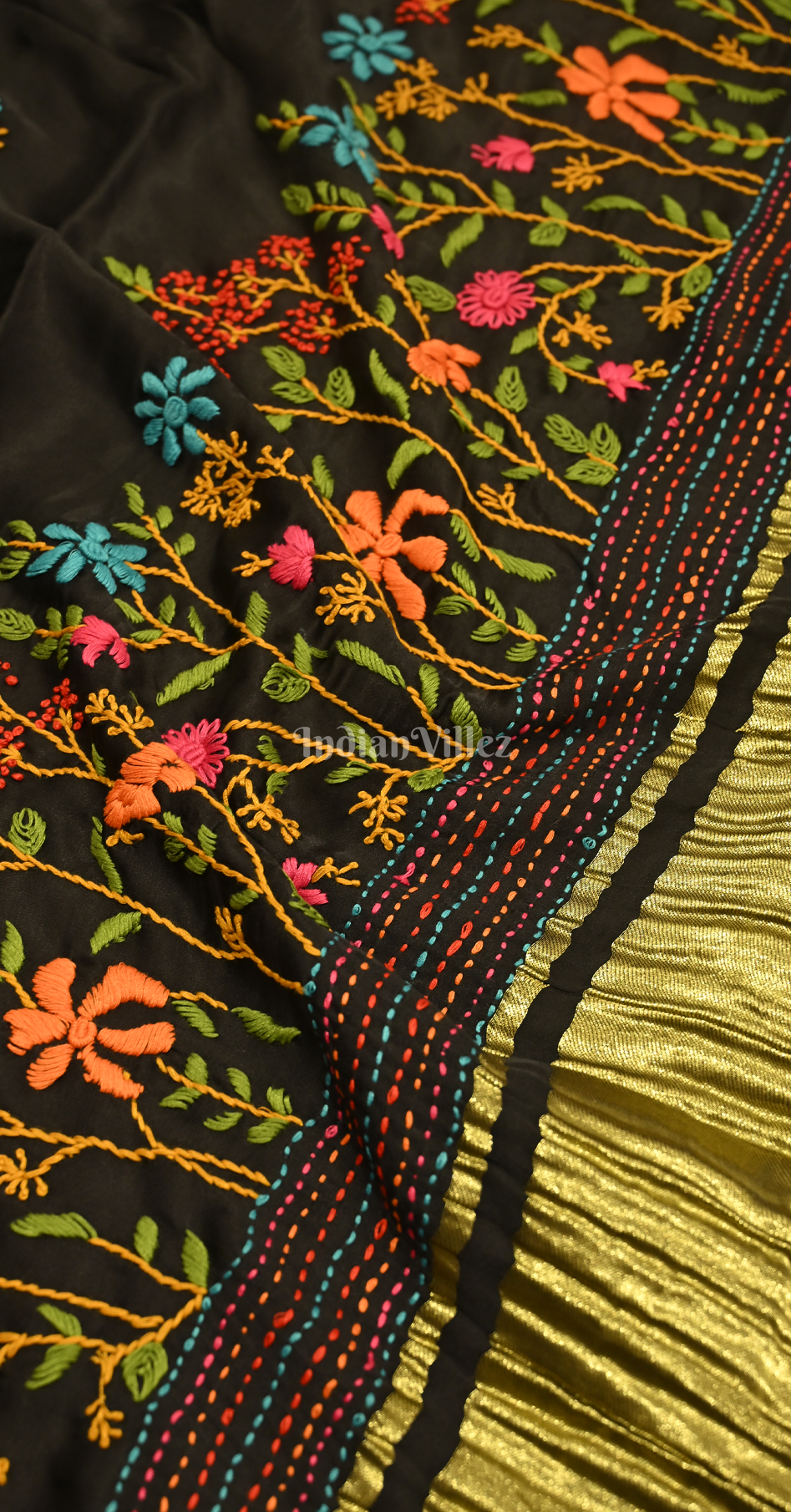 Black Kutch Embroidery Work Gaji Silk Saree 
