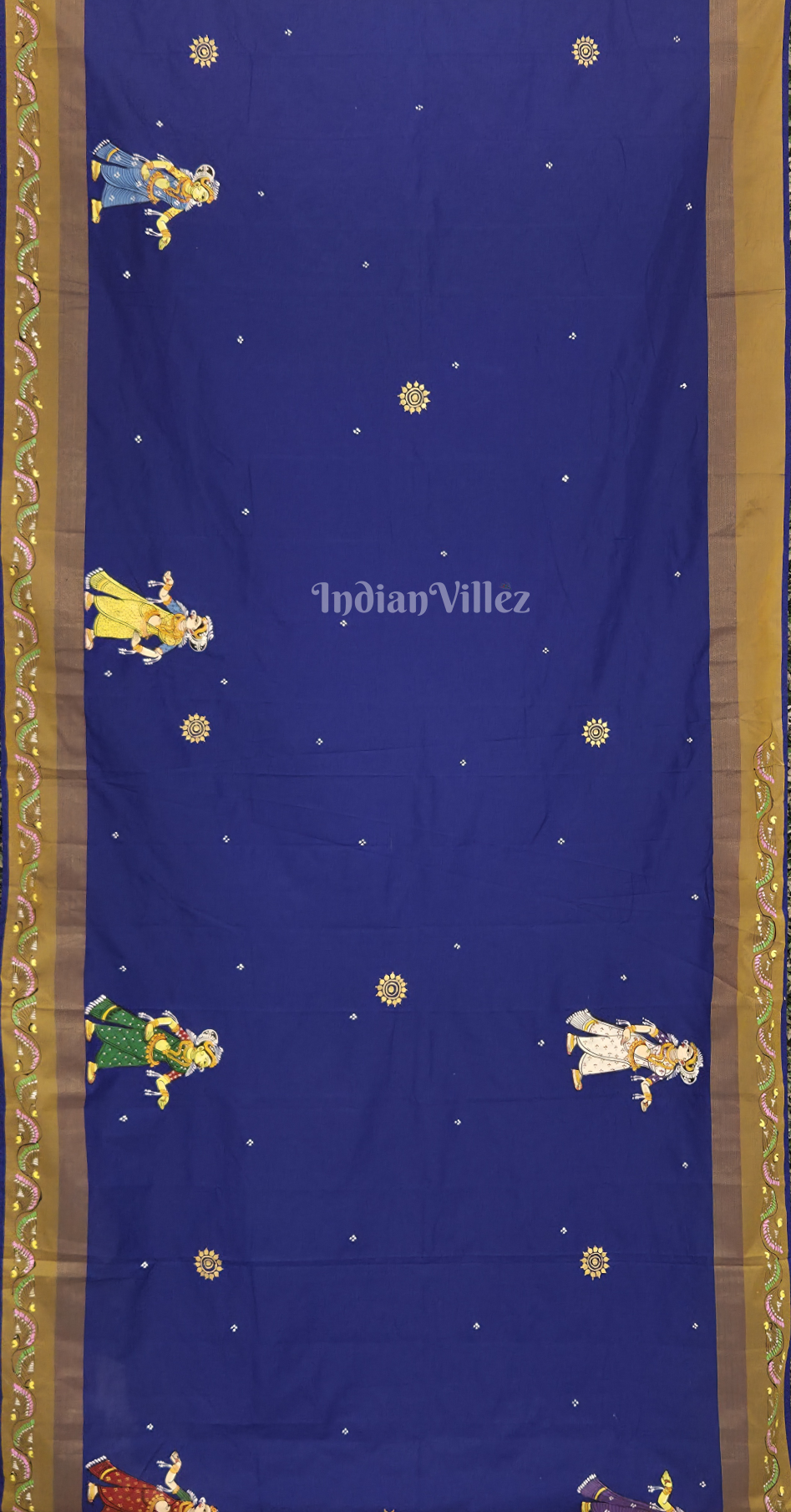 Blue Brown Krishna Raas Leela Hand-Painted Pattachitra Saree 