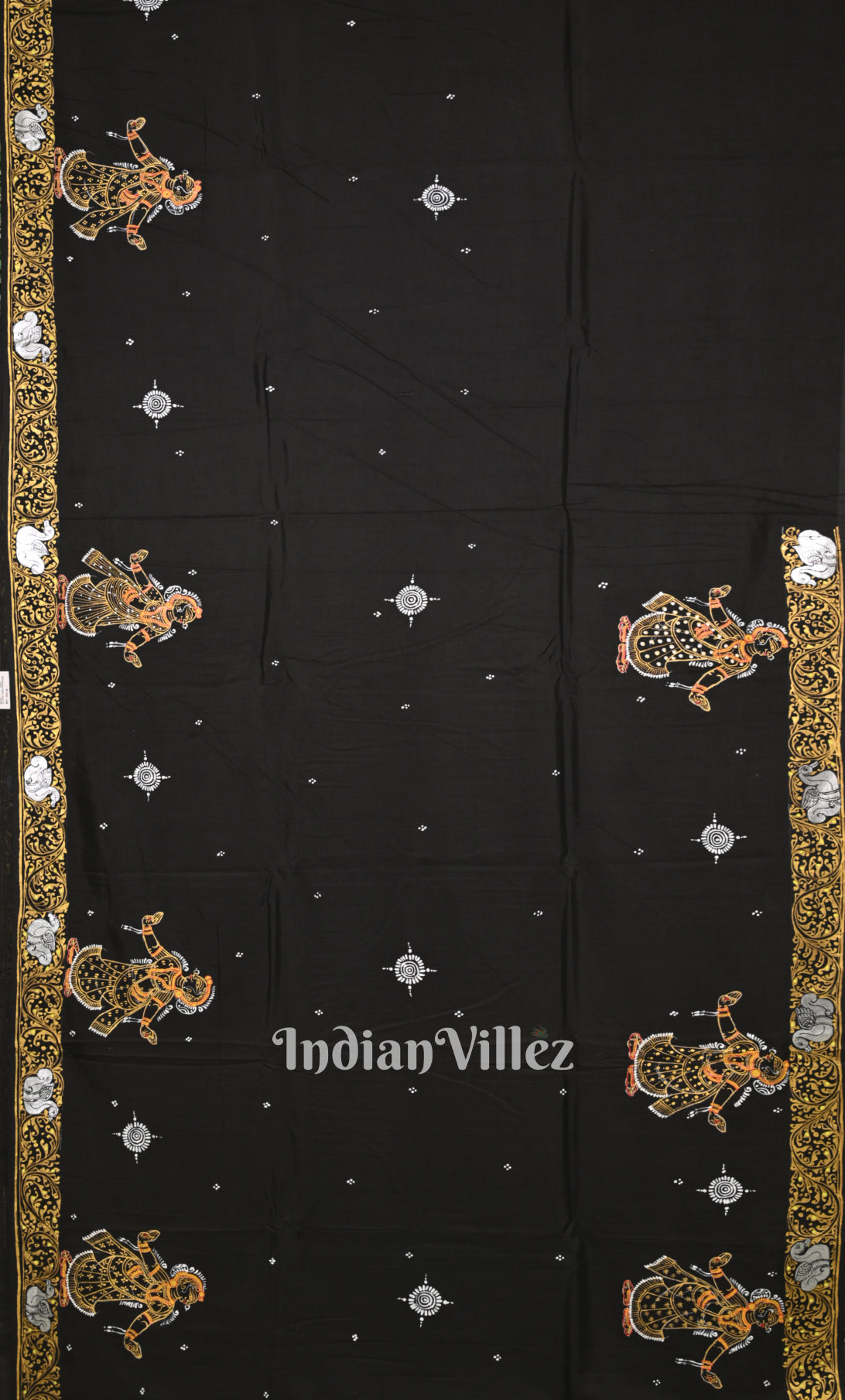 Black Krishna Raas Leela Hand-Painted Pattachitra Saree 