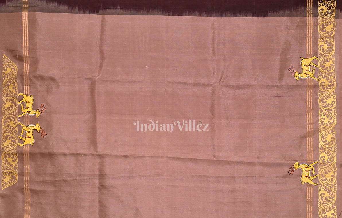 Coffee Cream Ramayan Theme Hand-Painted Pattachitra Saree 