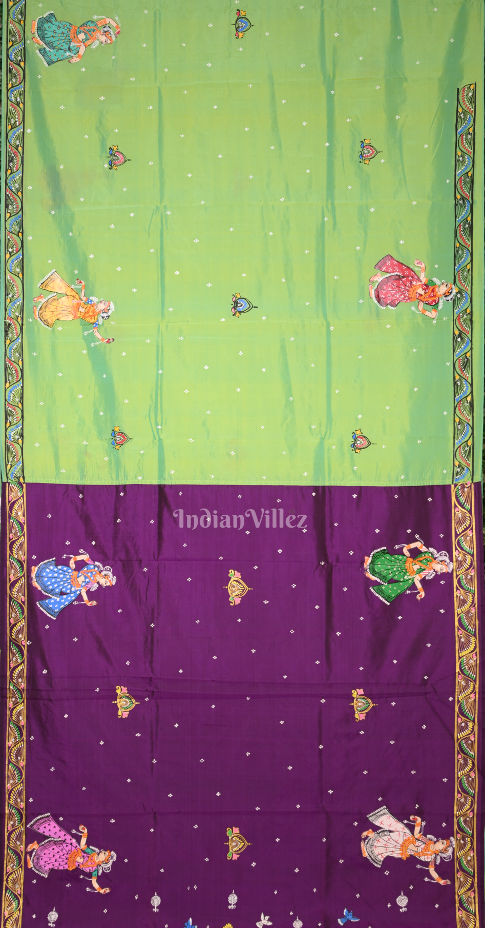 Purple Green Peacock (Mayur) & Nartaki Theme Dual Tone Hand-Painted Pattachitra Saree 