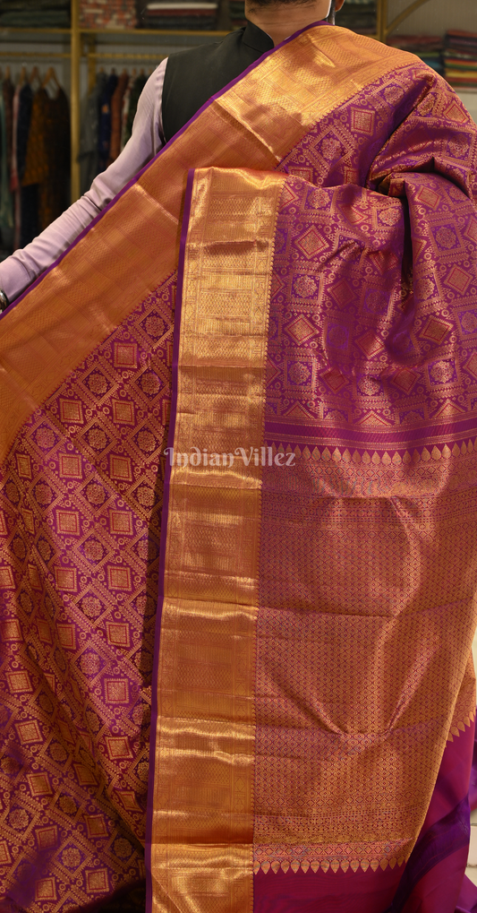 Purple  Golden Mayil Chakram Buttas Pure Brocade Kanjivaram Silk Saree 