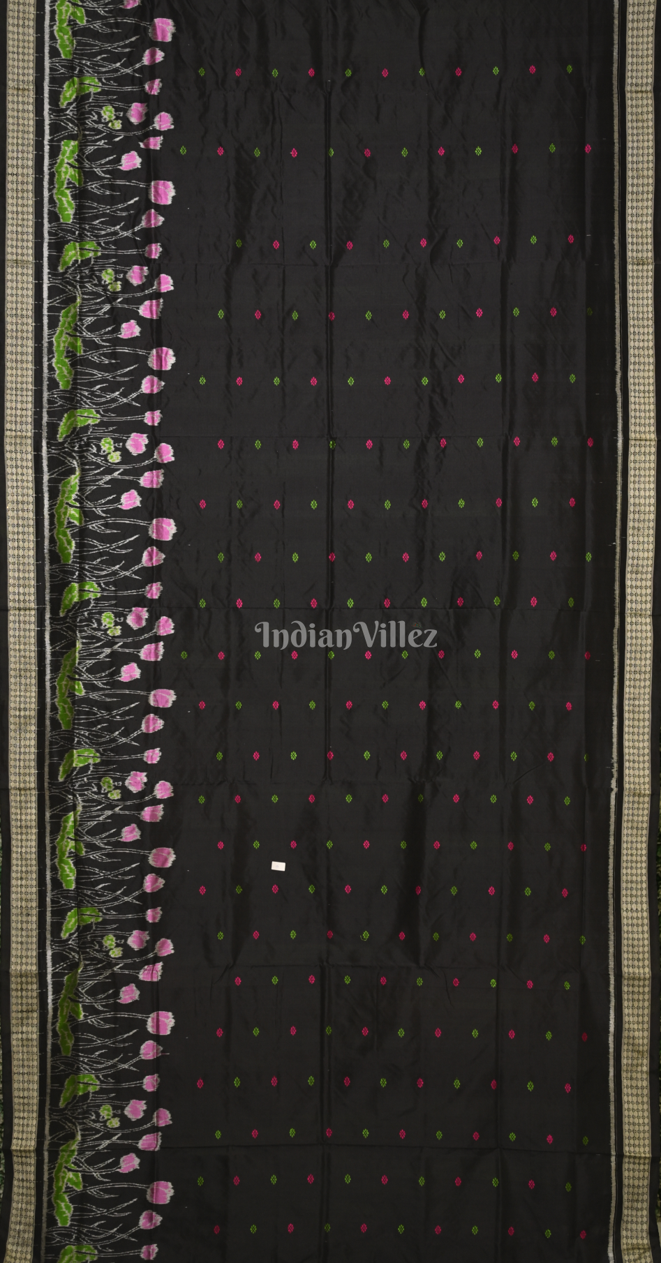 Black Buti Design Lotus Pond Theme Odisha Ikat Sambalpuri Silk Saree
