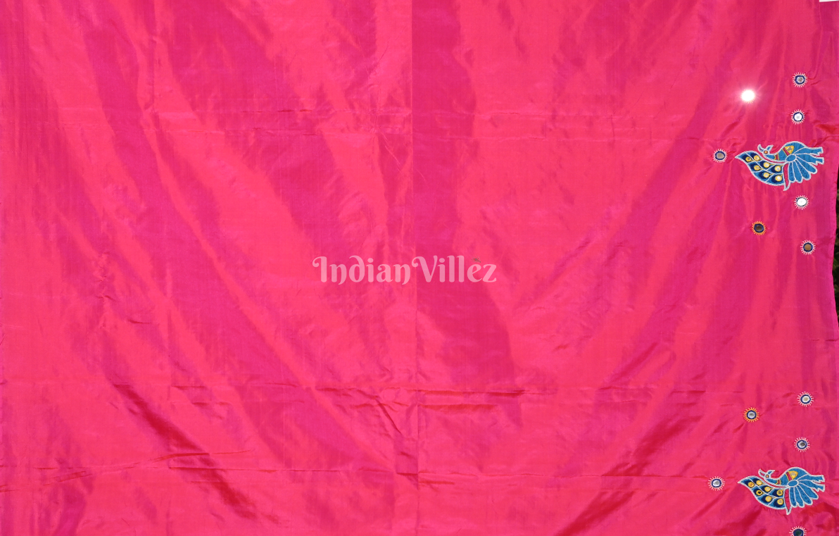 Rani Pink Blue Applique Work Hand Embroidered Saree 