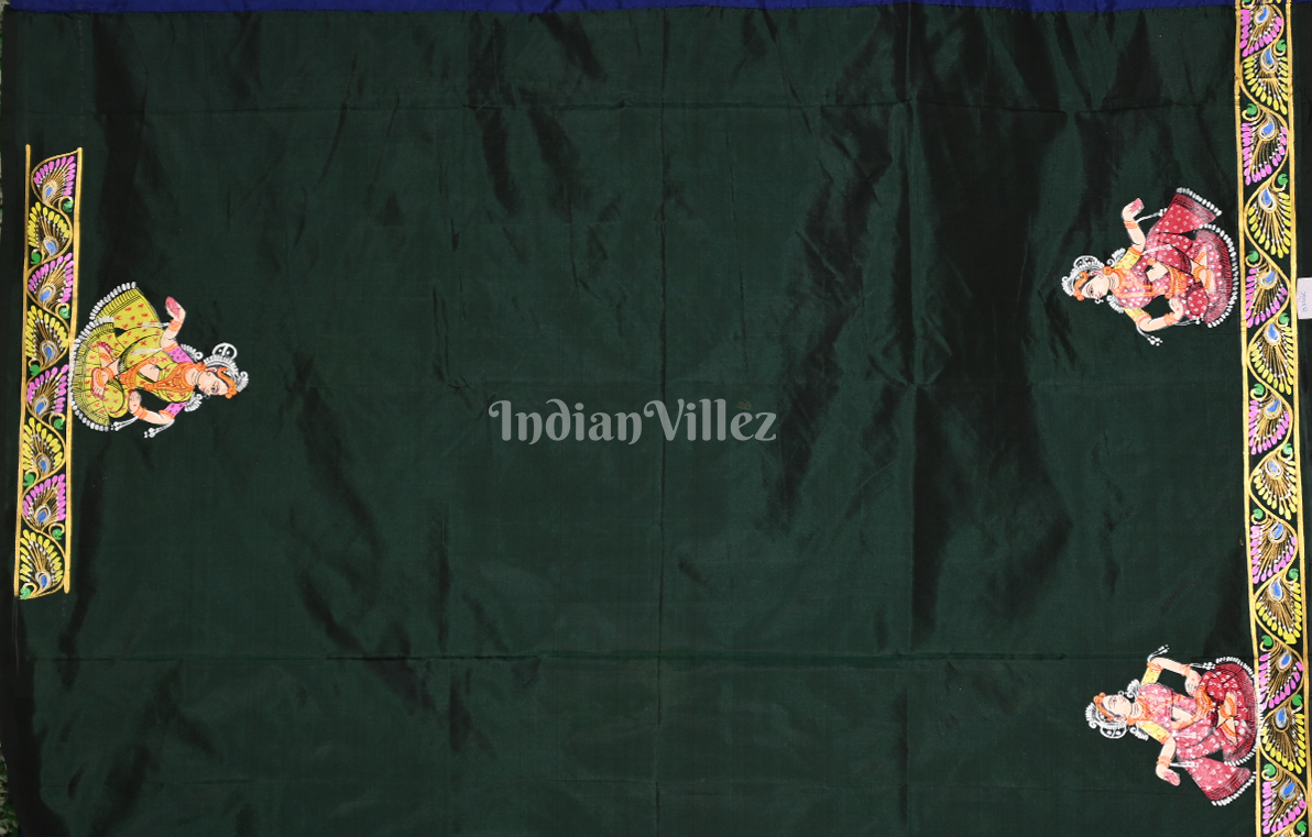 Blue Green (Mayur) & Nartaki Theme  Hand-Painted Pattachitra Saree 