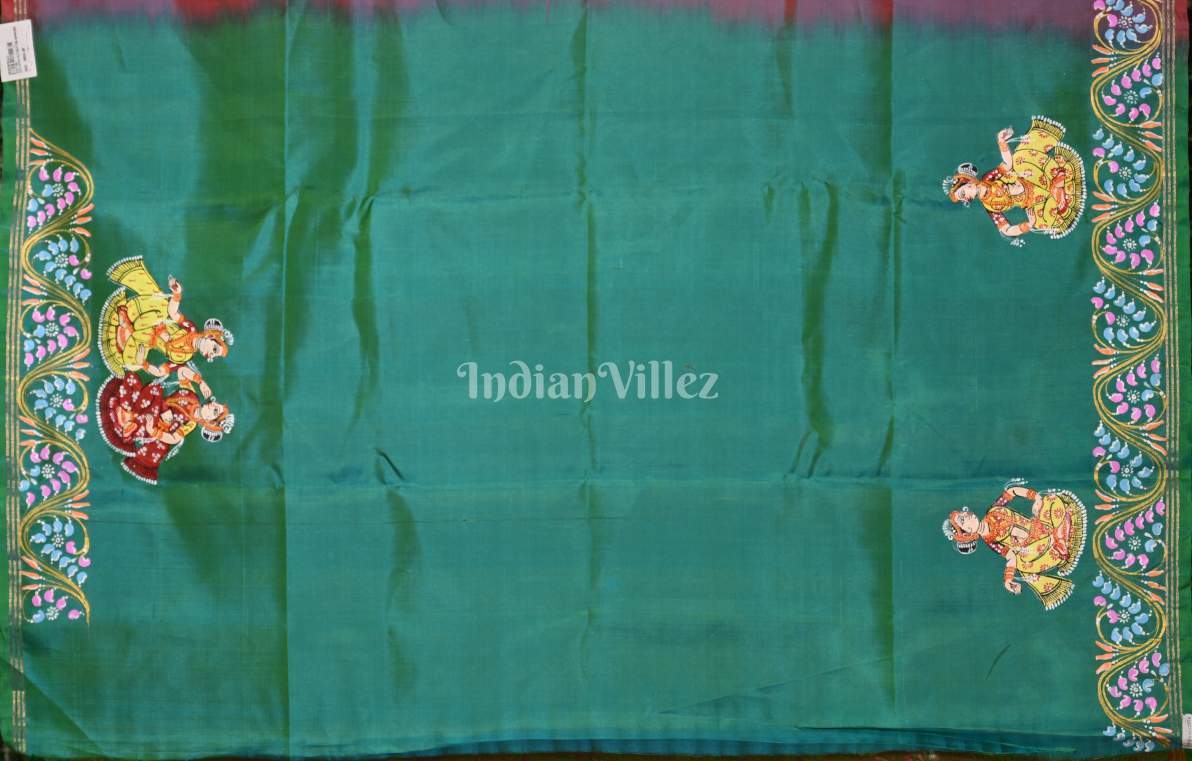 Red Green Raja Doli Village Theme Hand- Painted Pattachitra Saree 