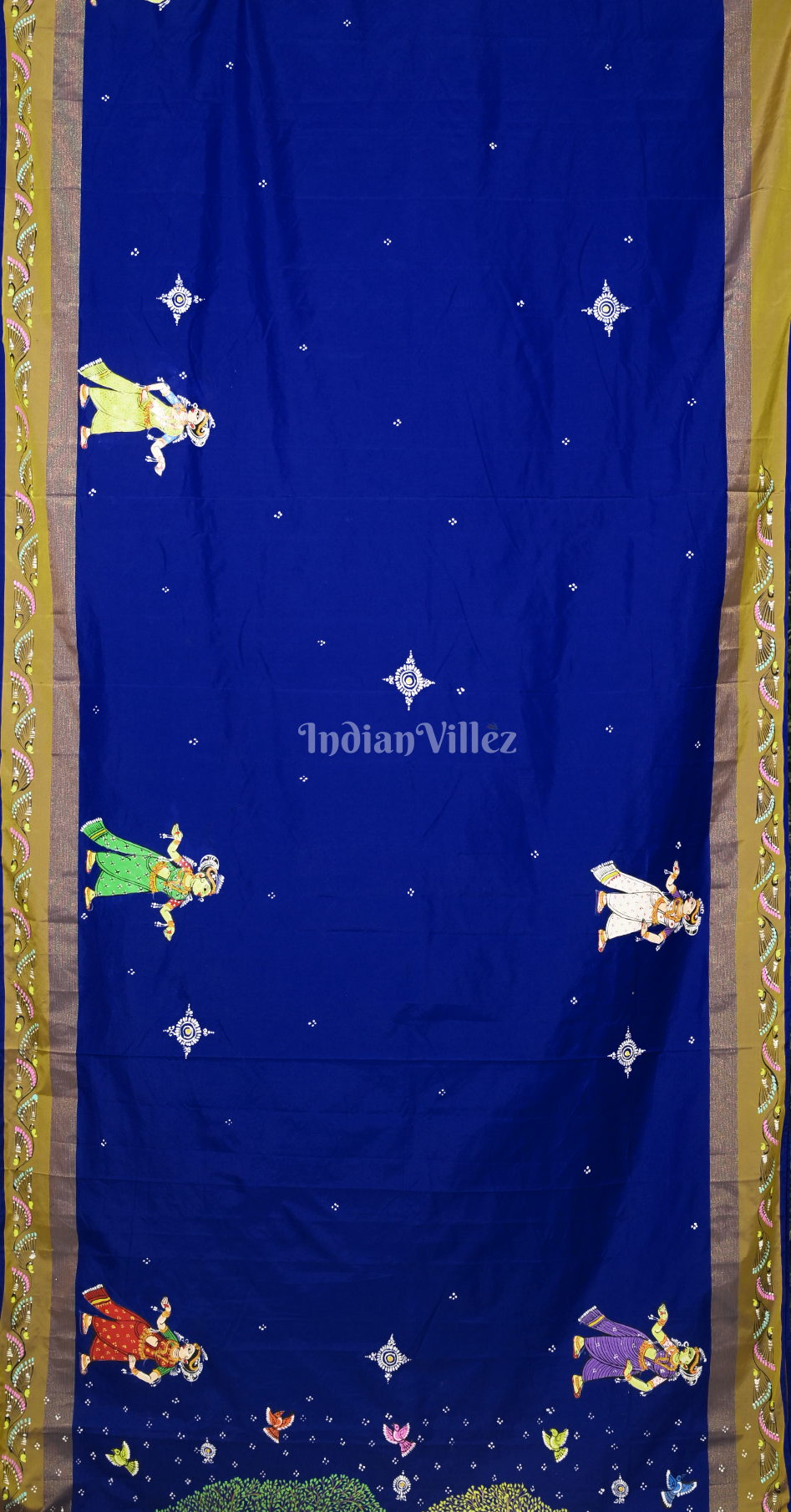 Blue Brown Raja Doli Theme Hand-Painted Pattachitra Saree