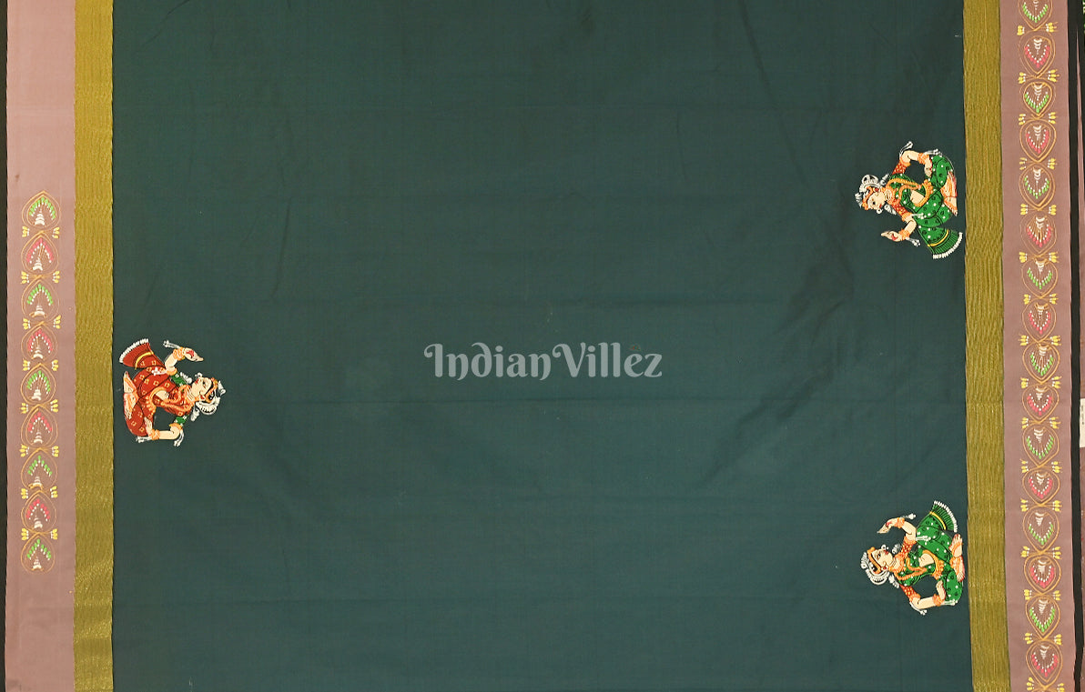 Bottle Green Krishna Raasleela Hand-Painted Pattachitra Saree 