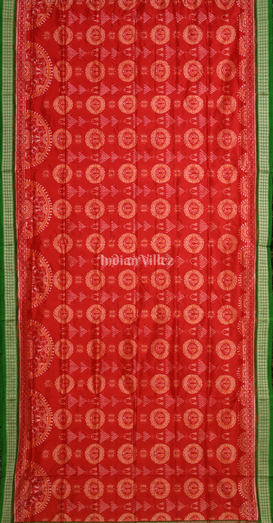 Red Green Embellished Laxmi Feet Design Odisha Ikat Sambalpuri Silk Saree