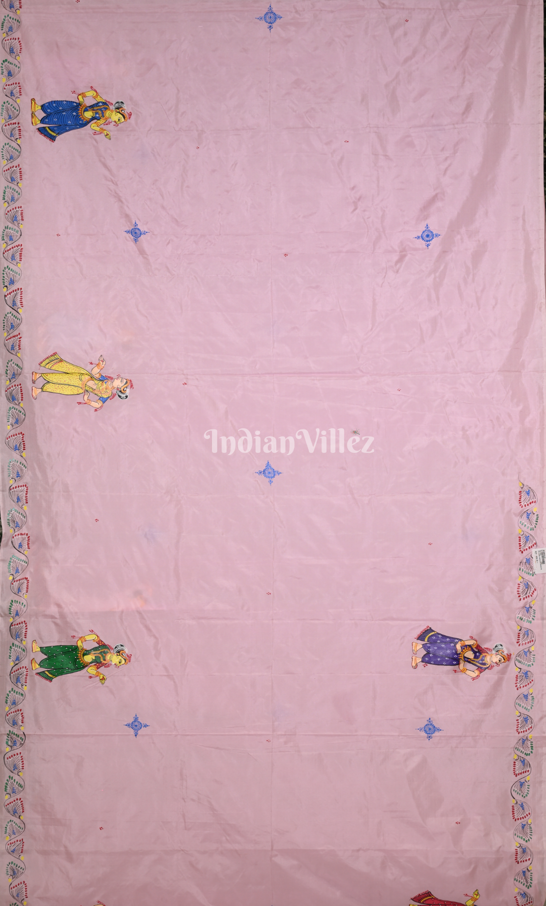 Baby Pink Radha Krishna Raas Leela Hand-Painted Pattachitra Saree