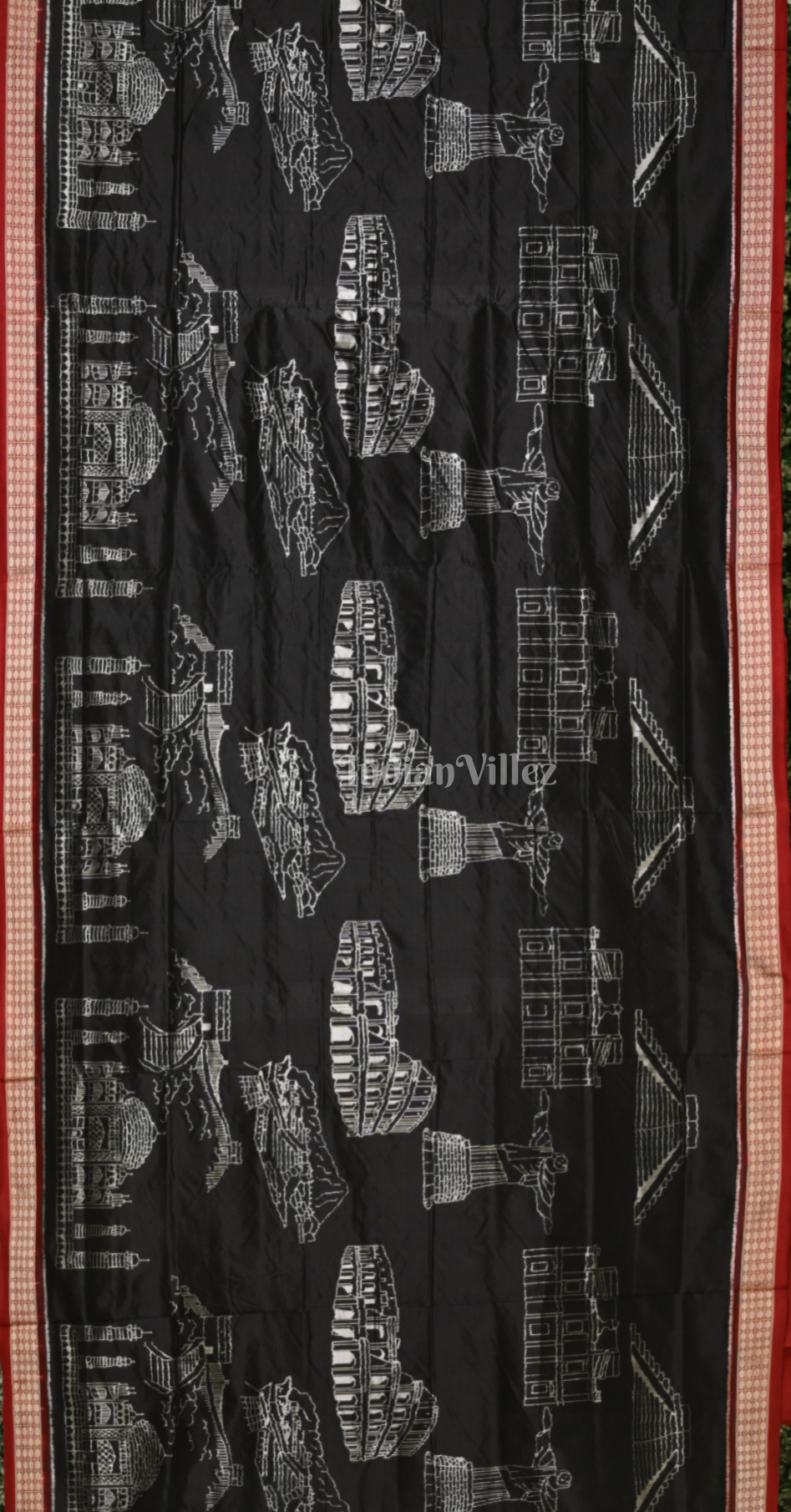 Black Red Natural Dyed Odisha Ikat Sambalpuri Silk Saree ( 7 Wonders of the World)