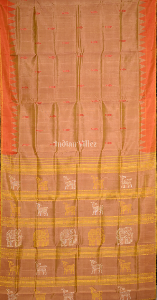 Beige Fish Motif Double Pallu Berhampuri Silk Saree 