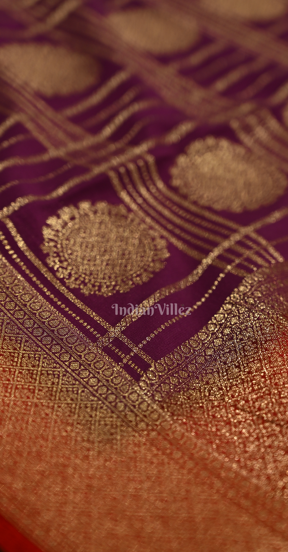 Purple Red Checks Pure Crepe Kanjivaram Silk Saree