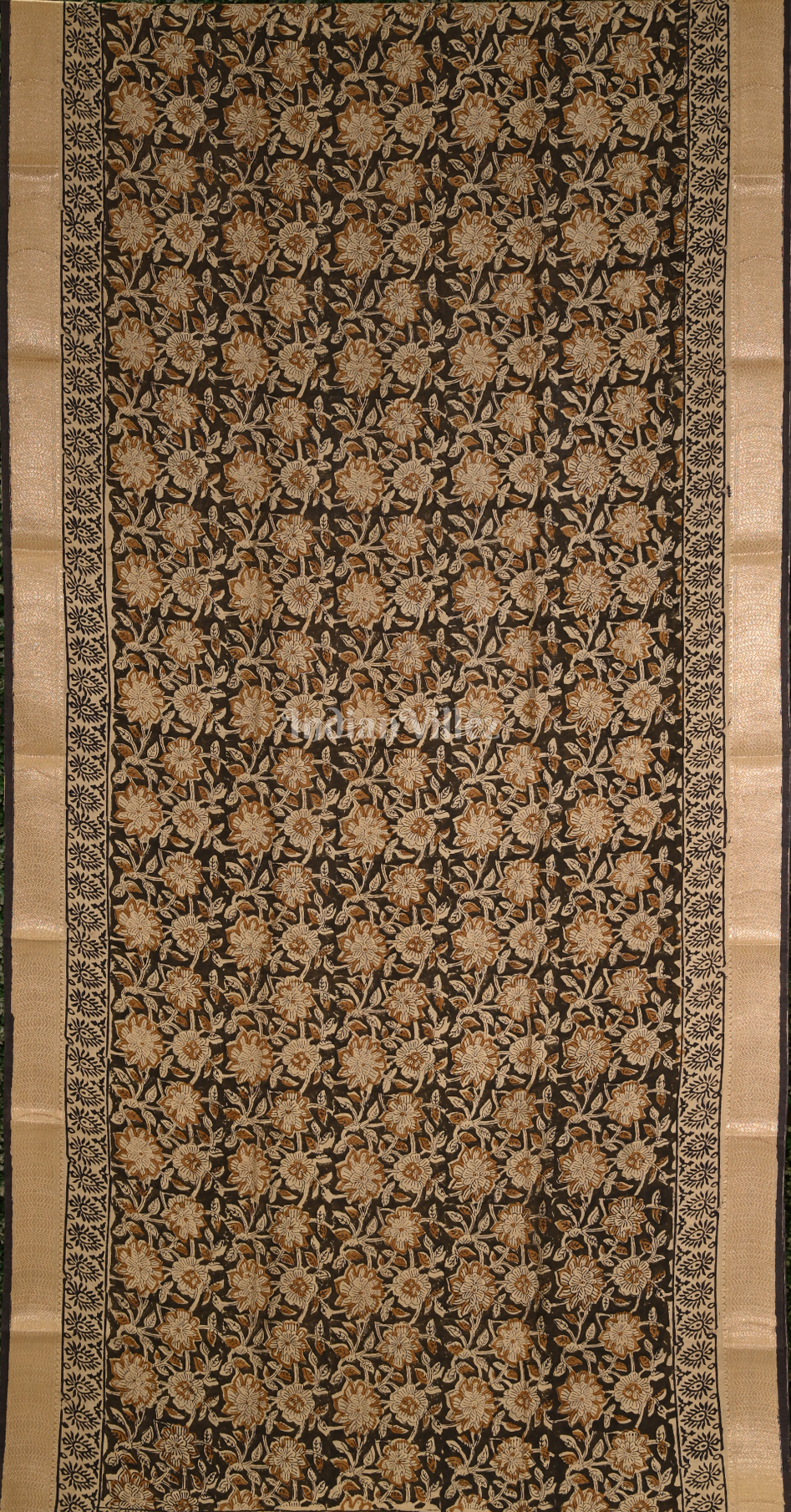Cream Black Block Printed Bagru Cotton Saree