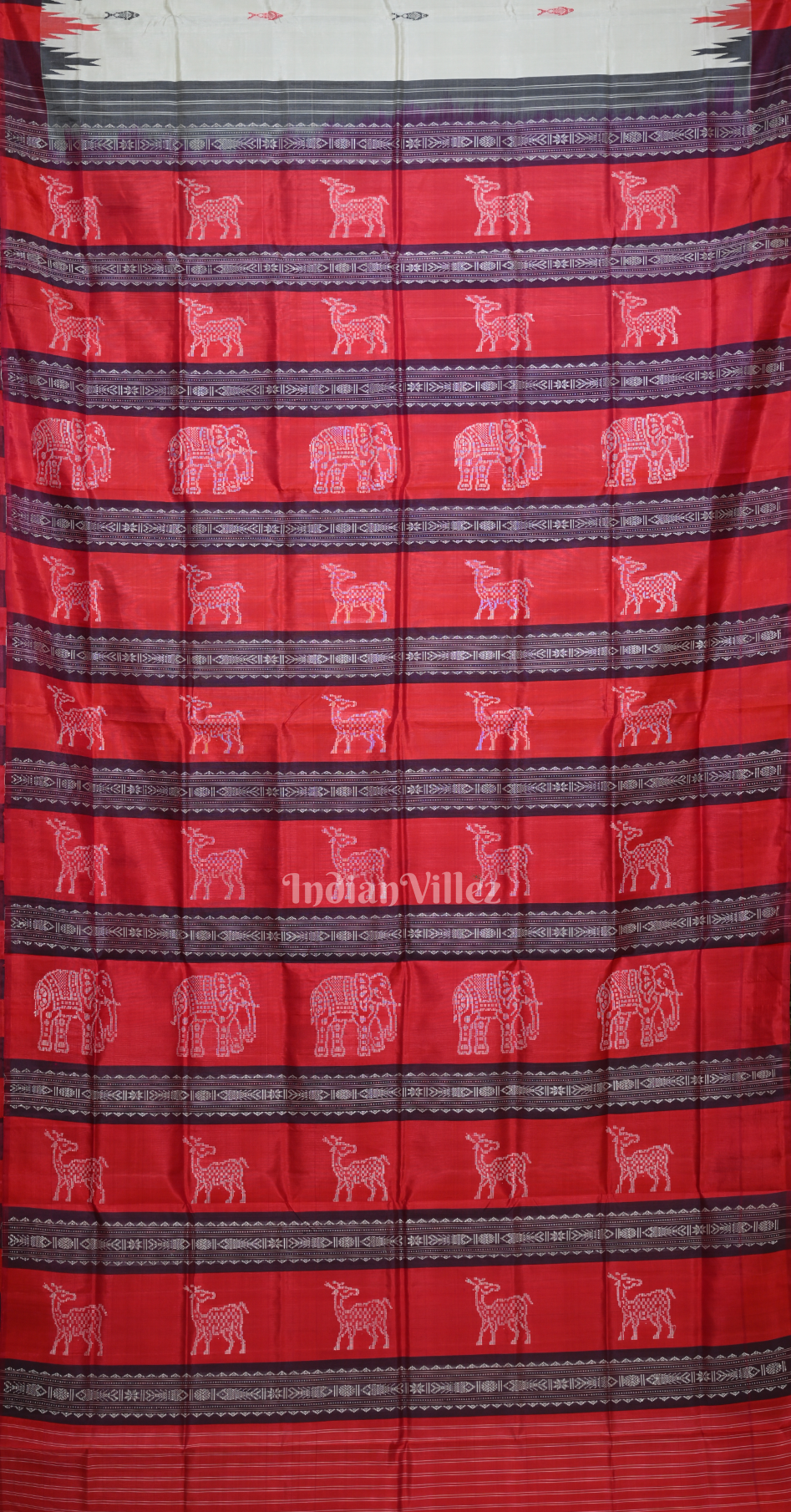 White Red Black Fish Motif Double Pallu Berhampuri Silk Saree