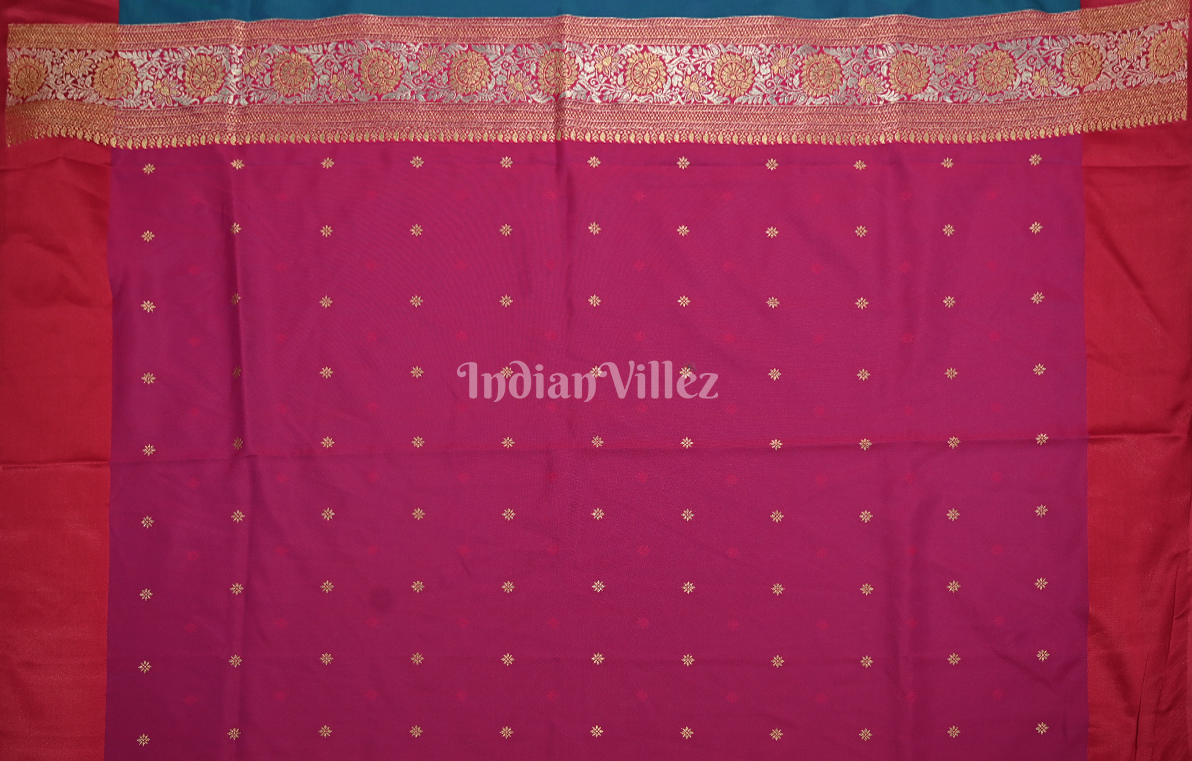 Peacock Blue Pink Soft Silk Floral Butta Saree