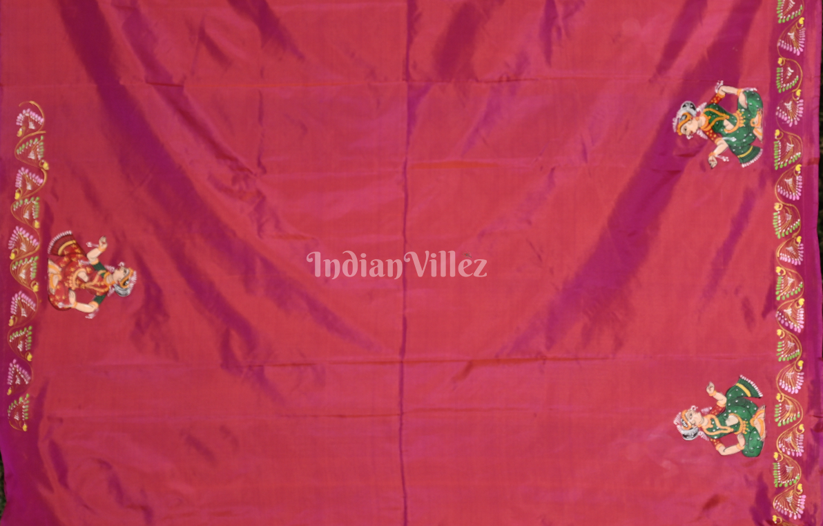 Magenta Pink Raas Leela Hand-painted Pattachitra Saree