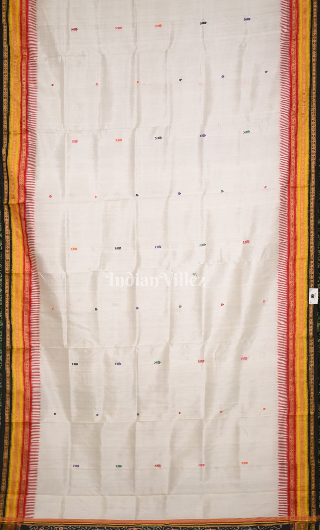 White Black Fish Motif Kathiphera Odisha Ikat Khandua Silk Saree with Doli Barat Anchal