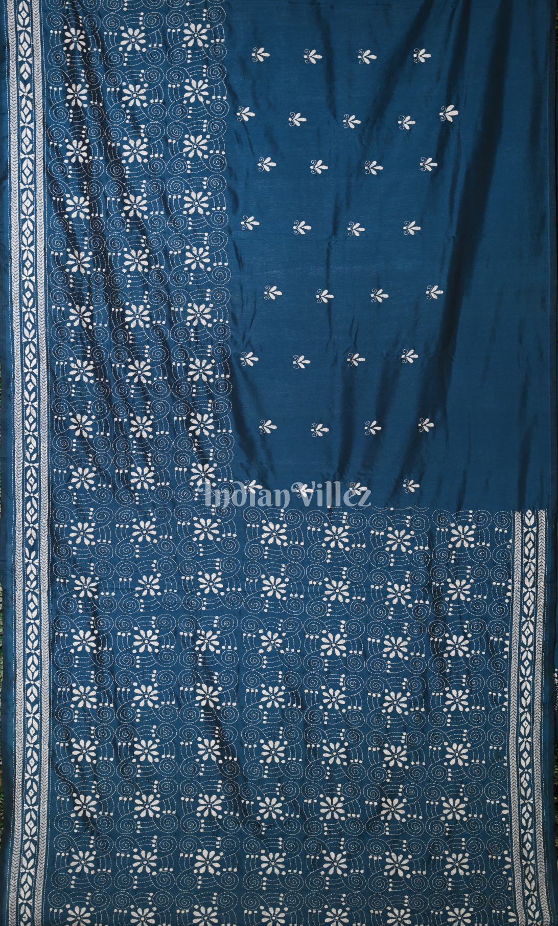Indigo Blue Handwoven Kantha Stitch Silk Saree 