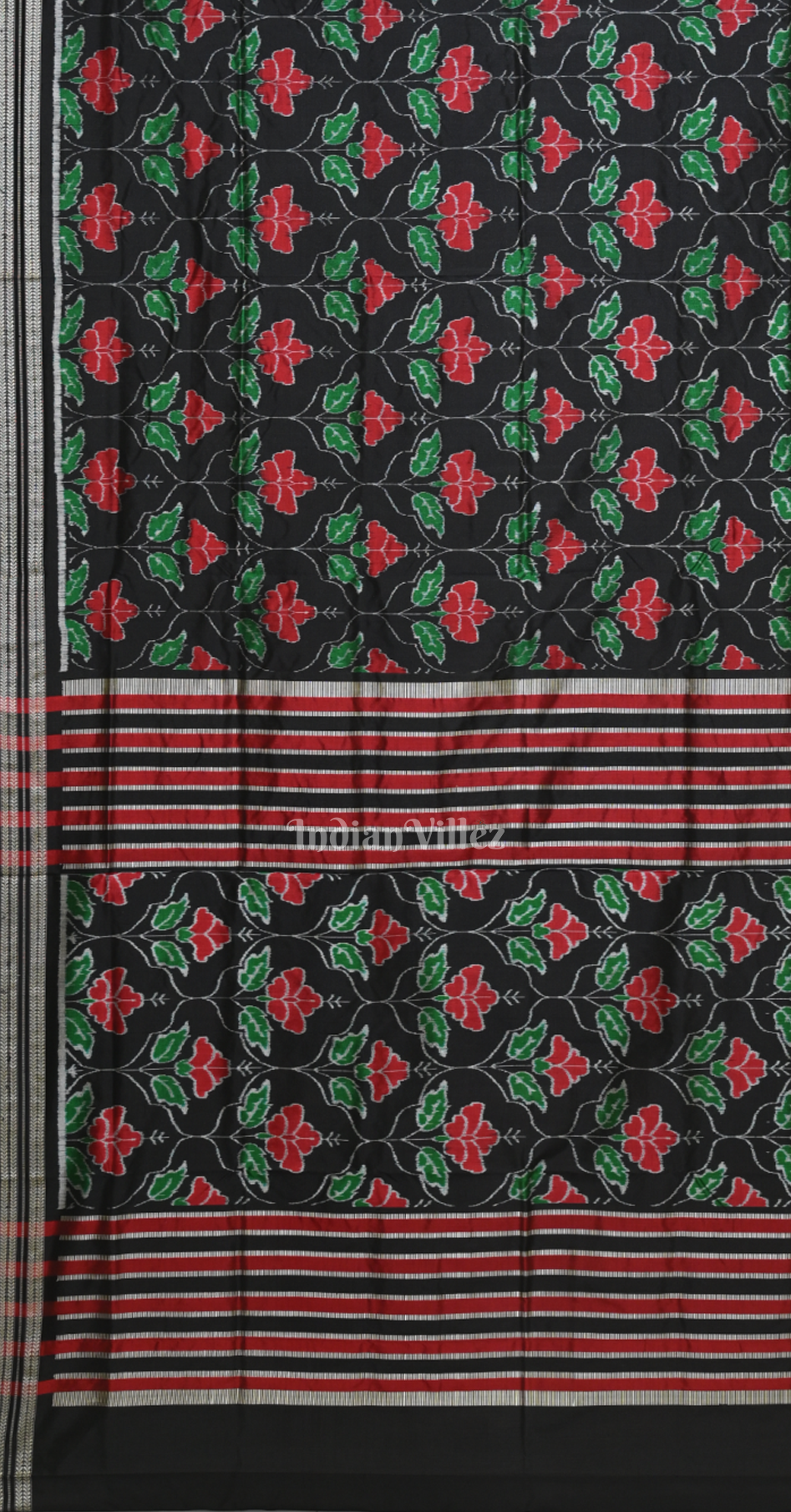 Black Red Mandar Flower Motif Odisha Ikat Sambalpuri Silk Saree 