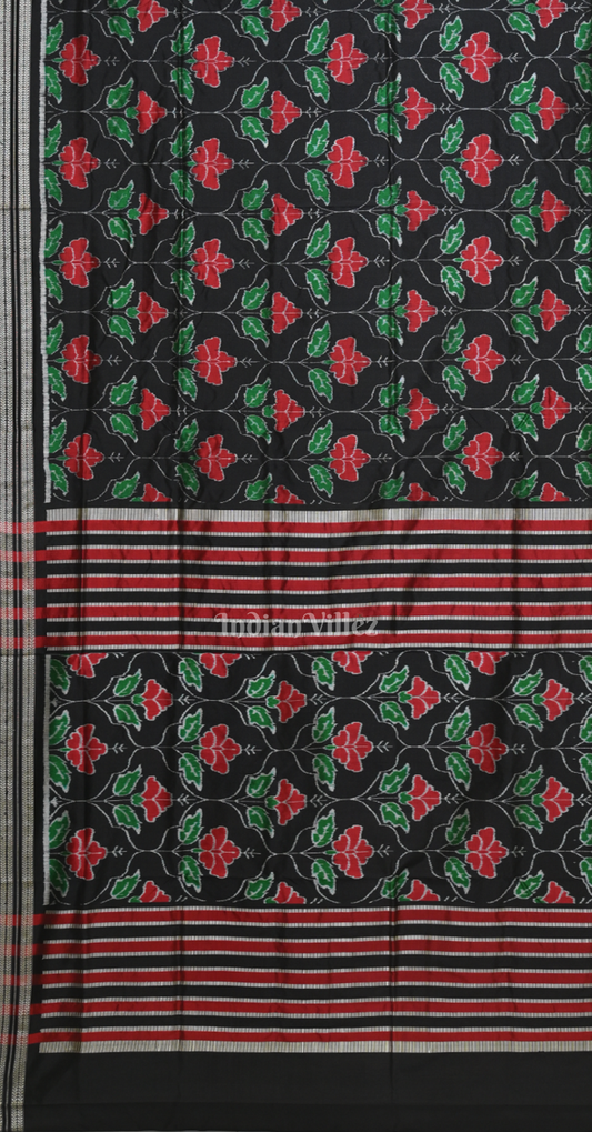 Black Red Mandar Flower Motif Odisha Ikat Sambalpuri Silk Saree 