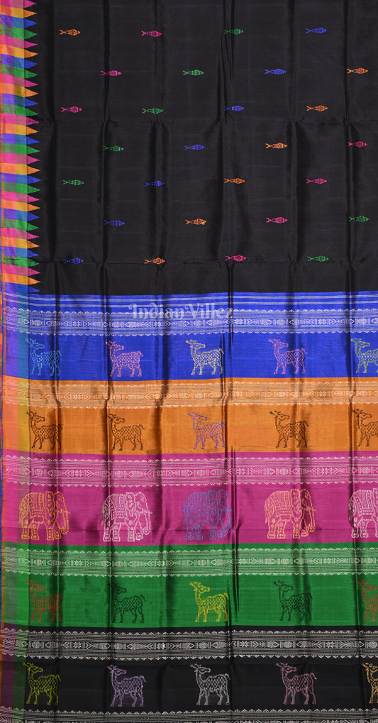 Black with Multi Colour Fish Motif Double Pallu Berhampuri Silk Saree