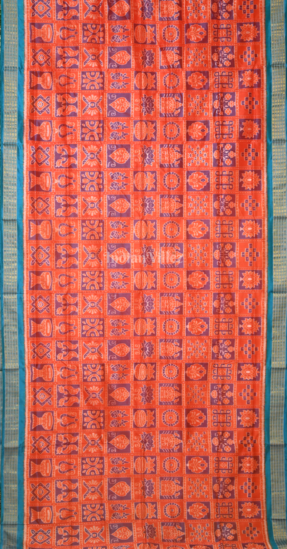 Rust Orange Blue Nabakothi Odisha Ikat Half Tissue Sambalpuri Silk Saree
