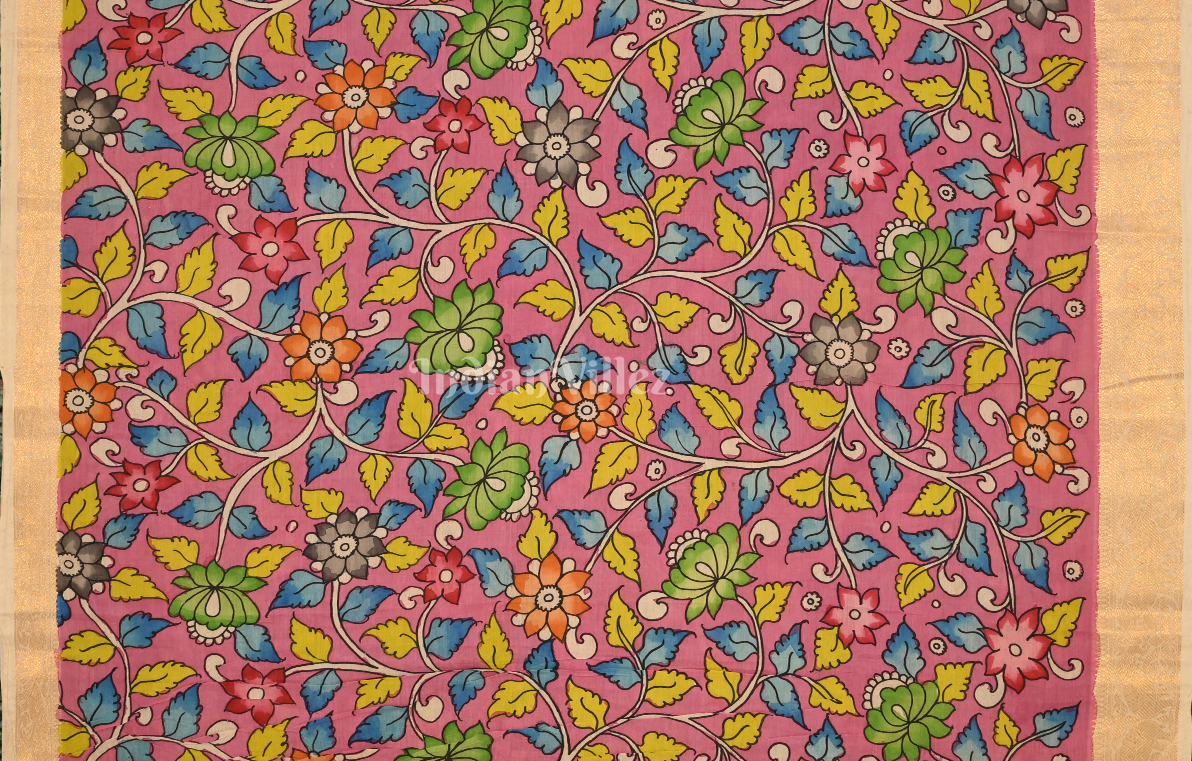 Multi Colour Hand-Painted Natural Dye Cotton Kalamkari Saree 