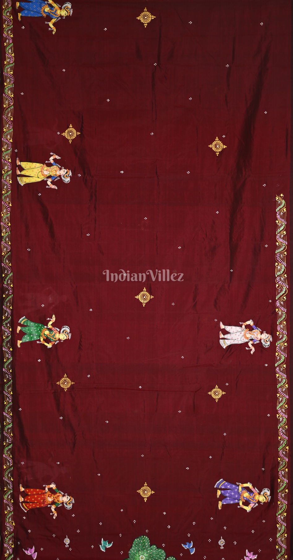 Maroon Vat Sabitri Theme Hand-Painted Pattachitra Saree