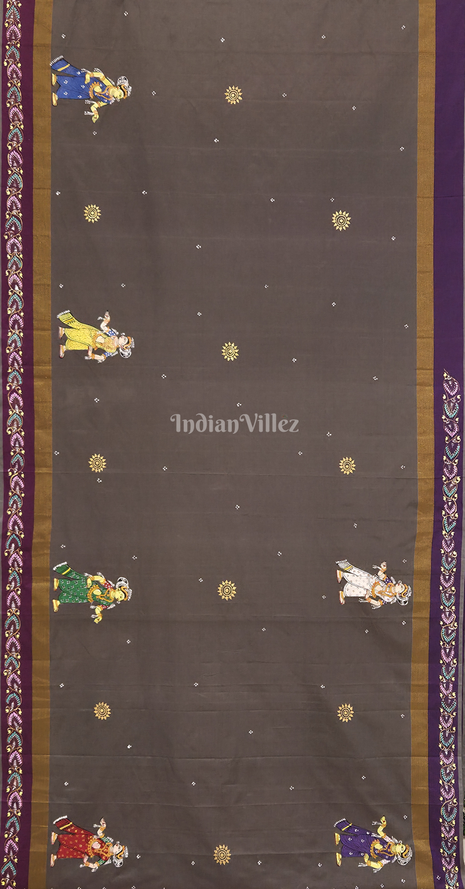 Grey Dandiya Raas Theme Hand-Painted Pattachitra Saree 