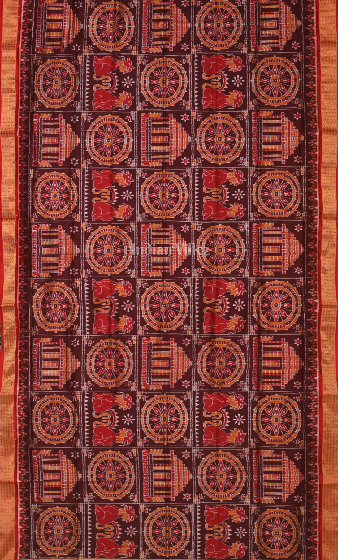 Coffee Red Konark temple & Wheel Design Half Tissue Sambalpuri Silk Saree