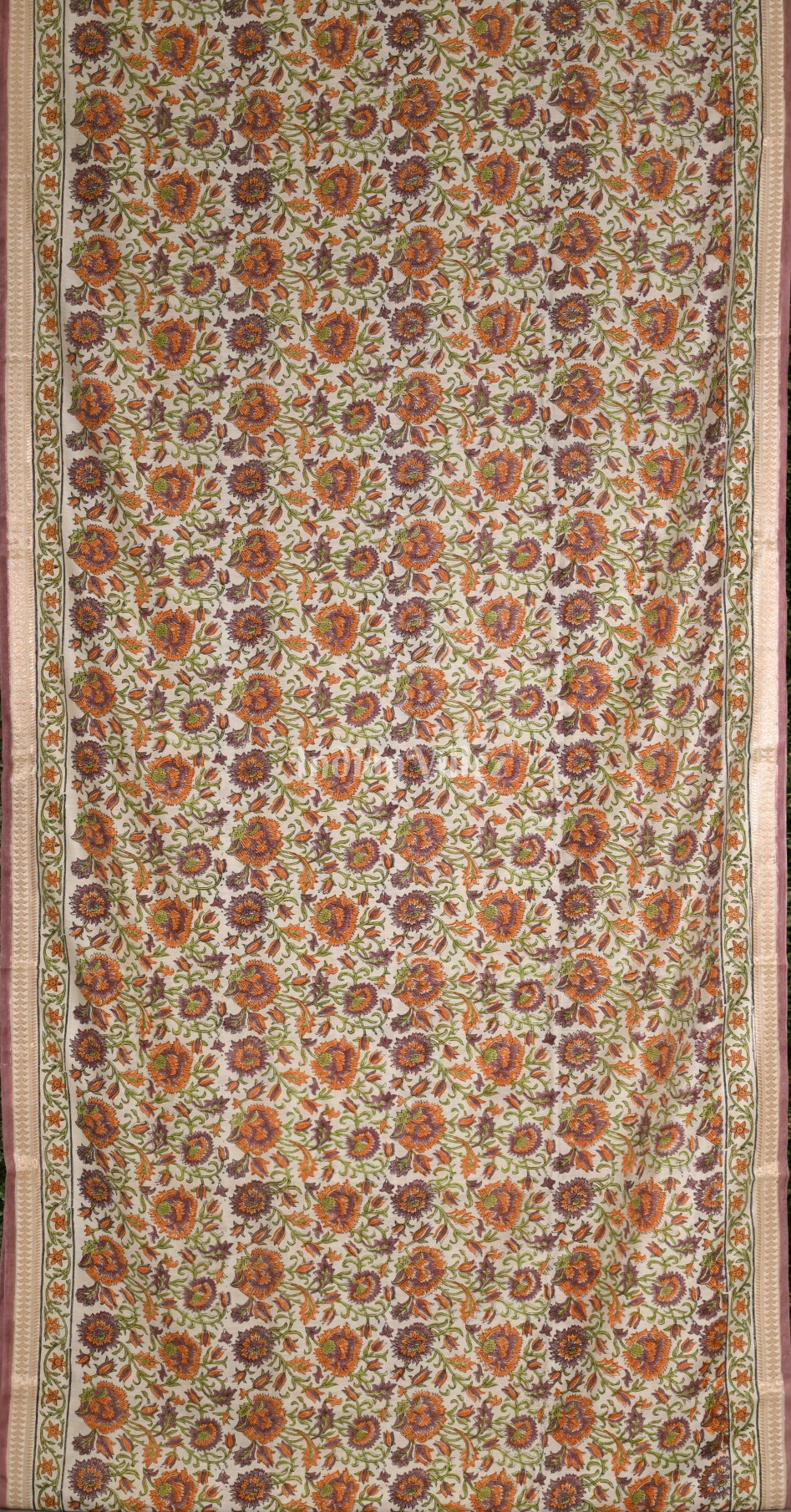 Cream with MultiColour Block Printed Sanganeri Cotton Saree 