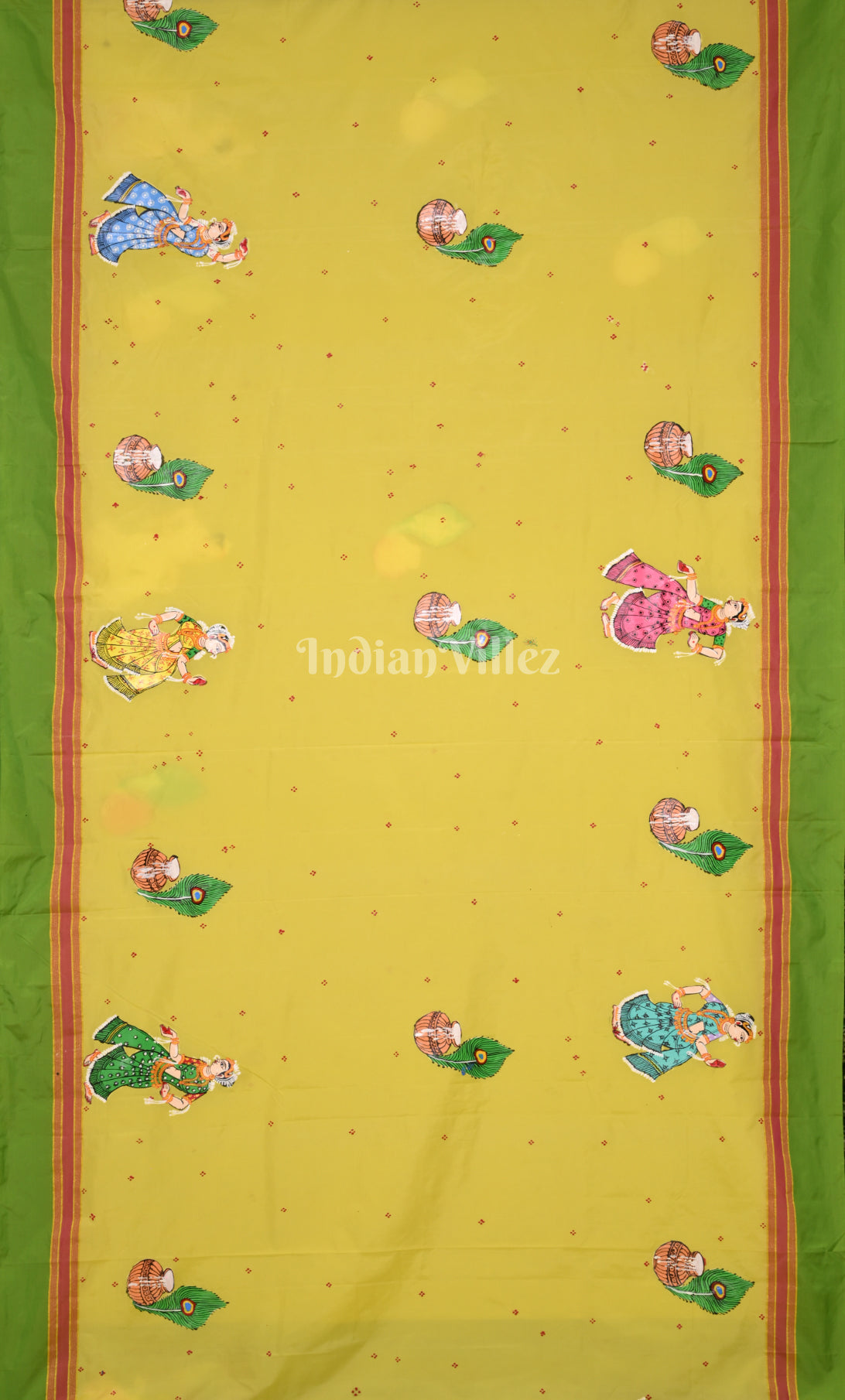 Yellow Green Krishna Raas Leela Hand-Painted Pattachitra Saree