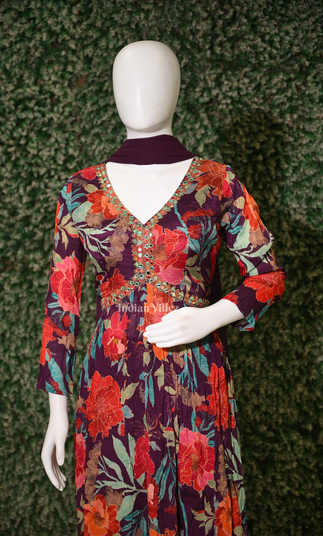 Purple with Multi Color Alia Cut Kurta Plazzoo with Dupatta Set