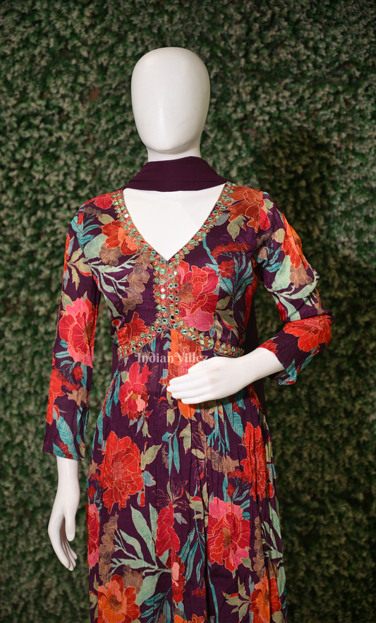 Purple with Multi Color Alia Cut Kurta Plazzoo with Dupatta Set